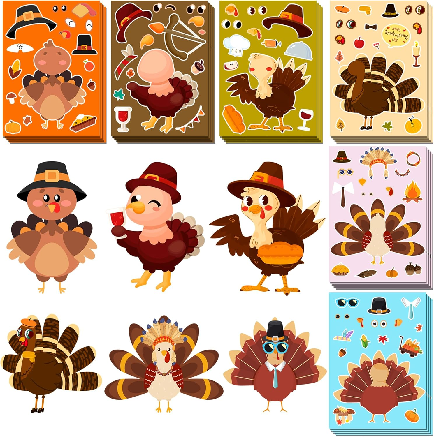 Thanksgiving Stickers for Kids, DIY Crafts Stickers for Kids, Make a Turkey Face Sticker, Thanksgiving Games Activities Decorations Party Supplies(24 Sheets)