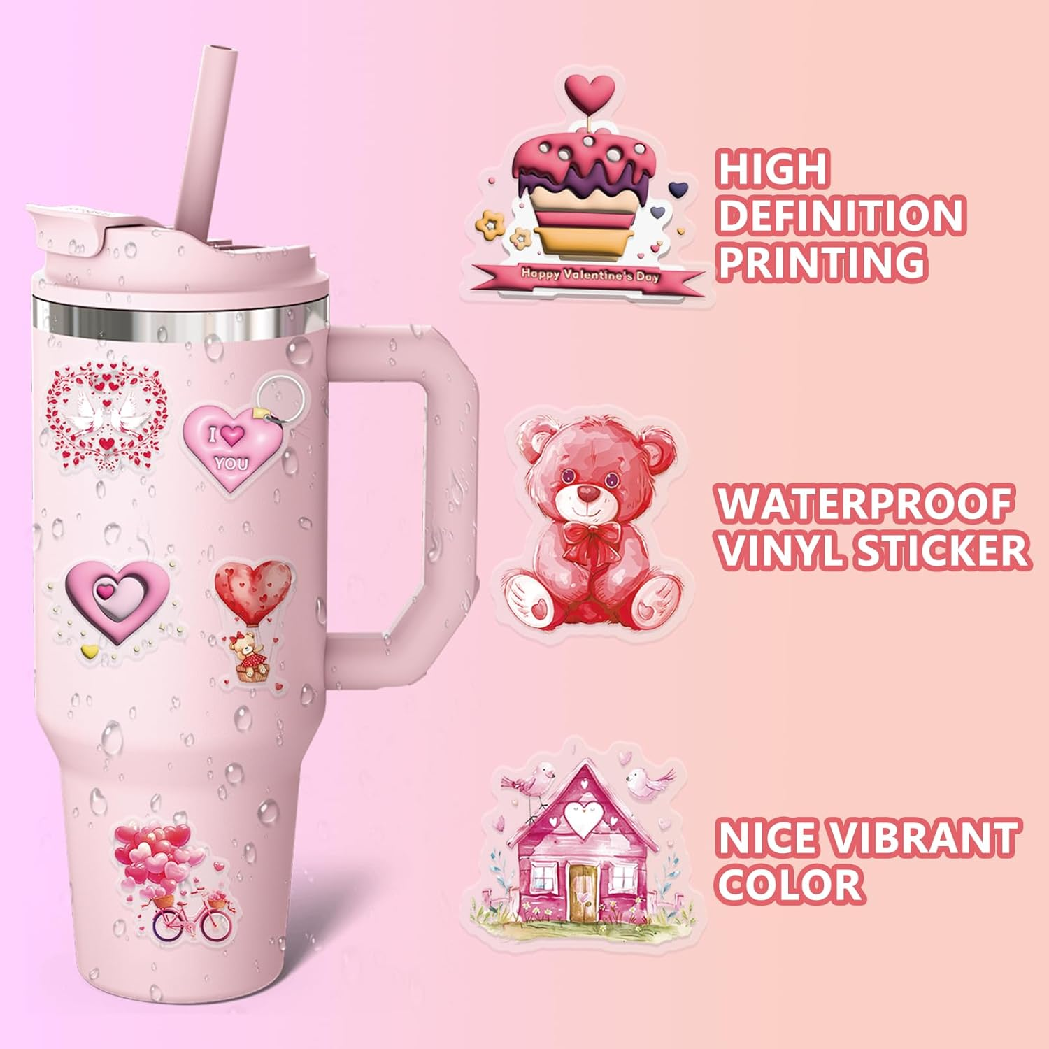 100PCS Valentine'S Day Stickers, Non-Repeating Vinyl Waterproof Romantic Stickers for Laptops, Water Bottles, Scooters, Valentine'S Day Wall, Window Decorations - Image 3