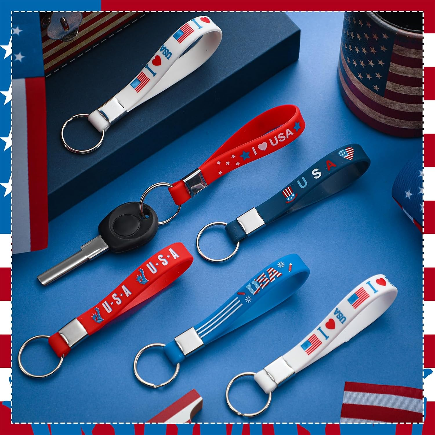 100 Pcs Patriotic Party Favors Bulk Red White and Blue Rubber Keychains USA American Flag Silicone Keychains for Memorial Day Party Accessories Gifts - Image 7