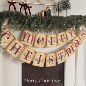 Christmas Decorations - Vintage Merry Christmas Banner - Retro Nostalgic Traditional Old Fashioned Victorian Xmas Holiday Clearance Decor for Indoor Home Office Fireplace Mantle Farmhouse