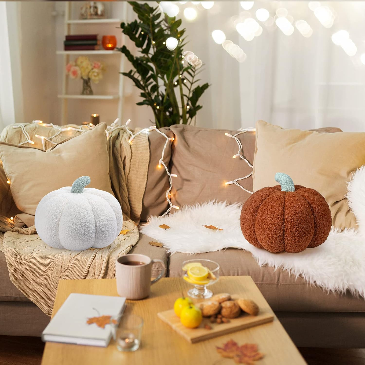 2 Pcs Simulated Pumpkin Pillow Plush 11 X 9.5 Inch 3D Cushion Fall Decorations Stuffed Throw Pillows Toy for Thanksgiving Christmas Halloween Bedroom Sofa Couch Supplies (White,Brown) - Image 7