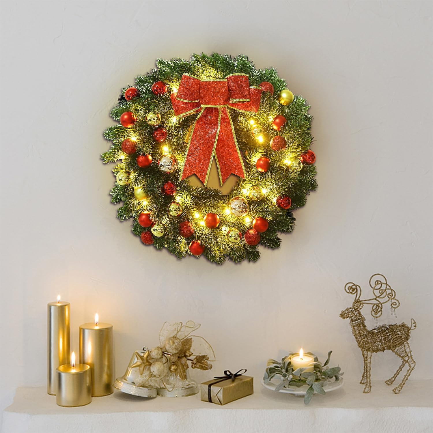 16 Inch Pre-Lit Christmas Wreath with Metal Hanger, Large Red Bow and Colored Balls, Battery Operated with Warm White 40 Leds Lights, Front Door Spruce Lighted Wreath X-Max Decorations - Image 2