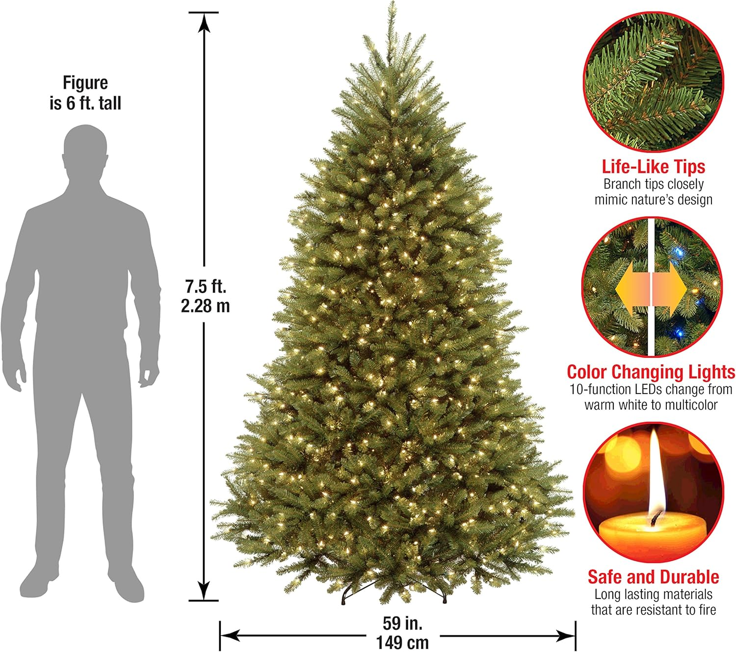 Pre-Lit Artificial Full Christmas Tree, Green, Dunhill Fir, Dual Color LED Lights, Includes Stand, 7.5 Feet, Dual Colored Lights - Image 3