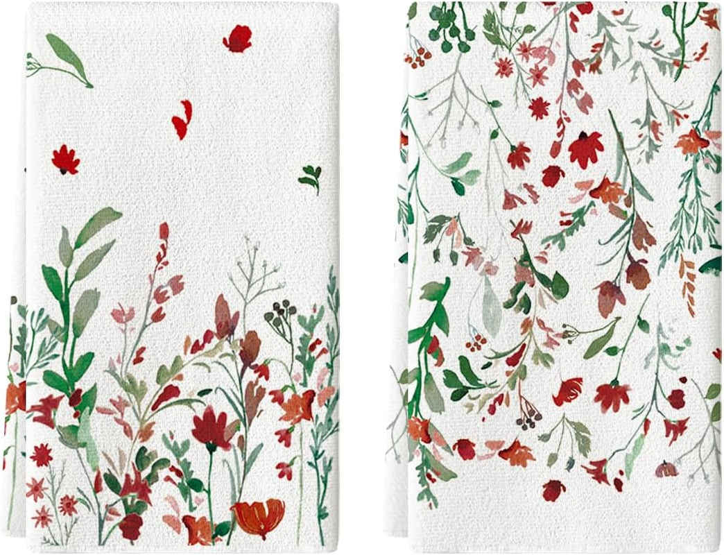 Wildflower Floral Christmas Kitchen Towels Dish Towels, 18X26 Inch Farmhouse Holiday Winter Decoration Cleaning Set of 2
