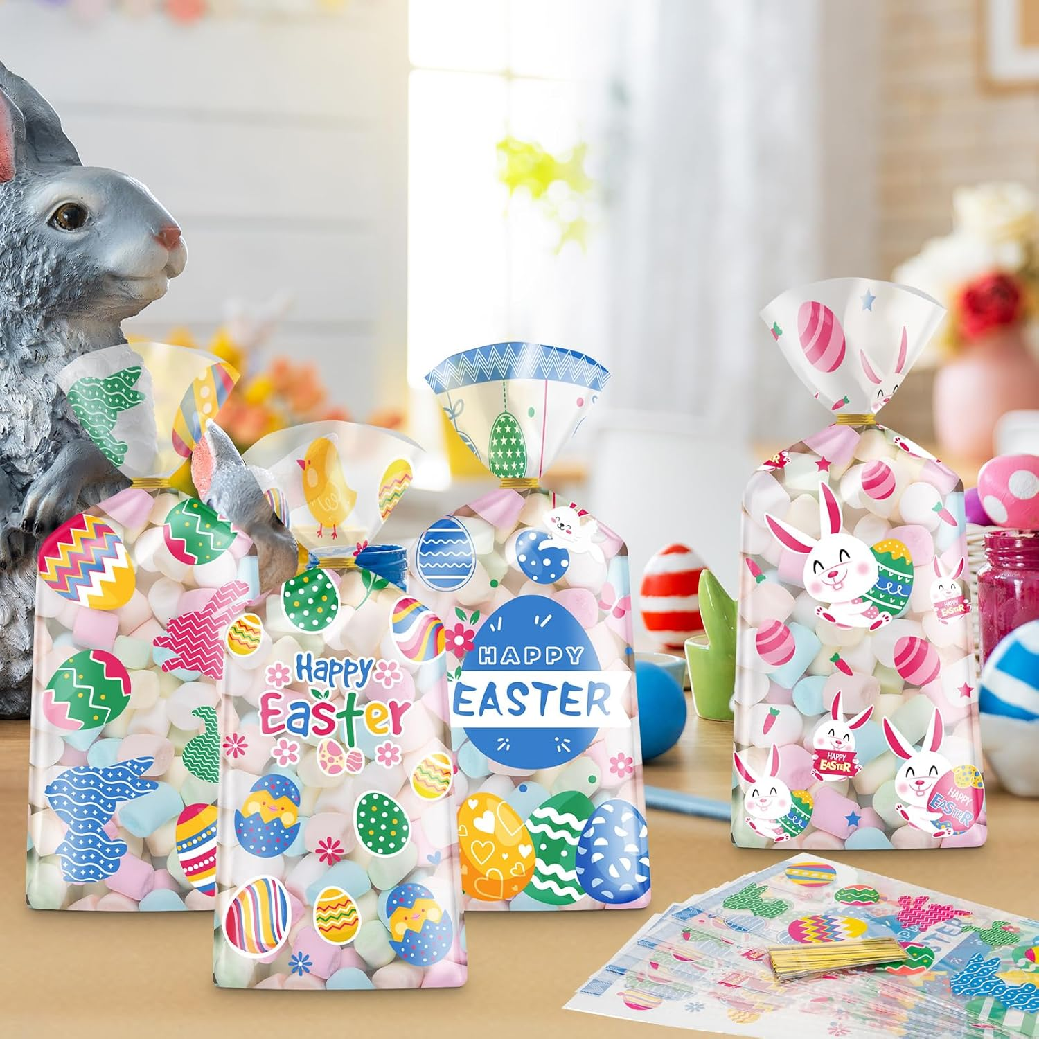 100 Pcs Easter Treat Bags - Happy Easter Gift Bag, Easters Eggs Plastic Cellophane Bag, Clear Colorful Easters Bunny Goodie Candy Favor Bags with Gold Twist Ties for Easte Party Favors Supplies - Image 2