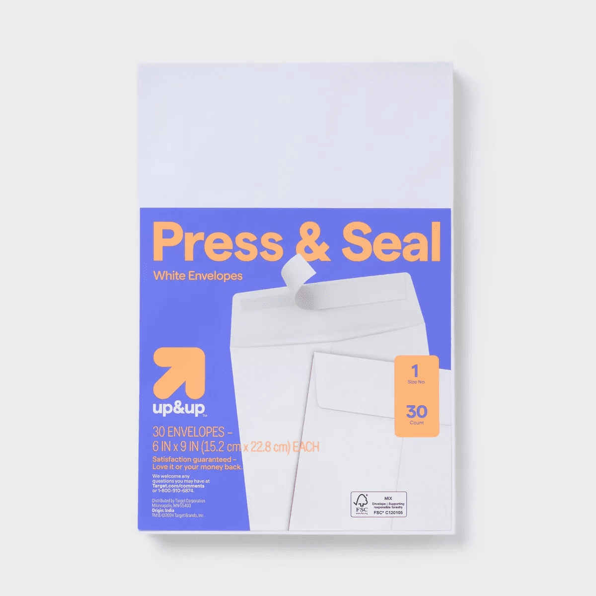 30Ct 6" X 9" Press and Seal Envelopes White - Up&Up™: Self-Seal Mailing, Paper, Gummed Flap, Size 9, 30 Pack