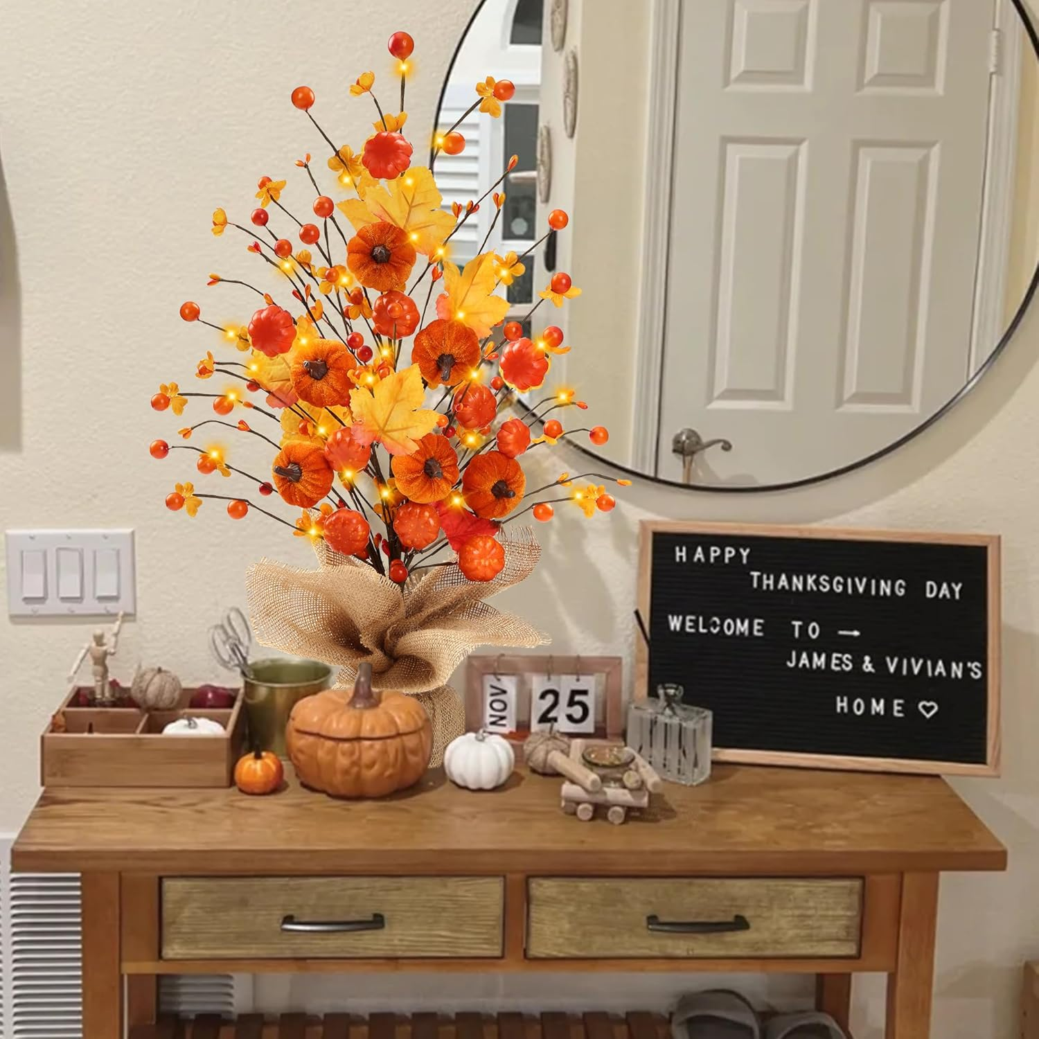 18’’ Fall Pumpkin Table Tree Autumn Decorations Artificial Maple Leaves Berries Faux Tree Decor with Burlap Base for Thanksgiving Harvest Home Holiday Decorations - Image 2