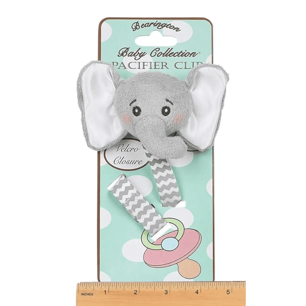 Bearington Baby Lil Spout Plush Gray Elephant Pacifier Holder with Satin Leash and Clip - Image 2