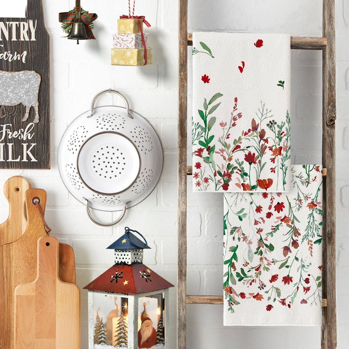 Wildflower Floral Christmas Kitchen Towels Dish Towels, 18X26 Inch Farmhouse Holiday Winter Decoration Cleaning Set of 2 - Image 3