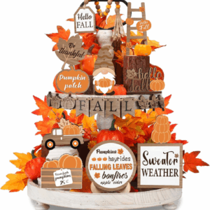 21 Pcs Fall Thanksgiving Tiered Tray Decor Set Pumpkin Gnome Truck Wood Sign Rustic Farmhouse Decor Hello Fall Wood Bead Decorative Tabletop Sign for Autumn Thanksgiving Day(Rustic)