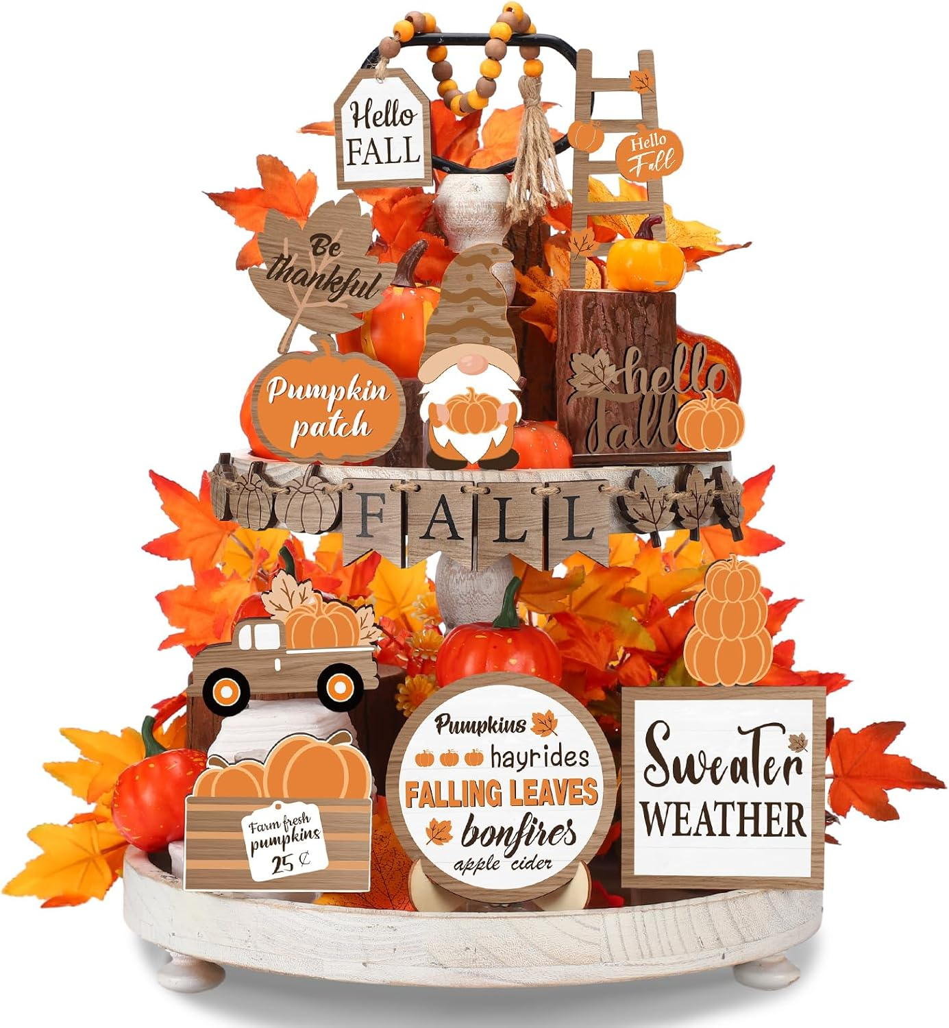 21 Pcs Fall Thanksgiving Tiered Tray Decor Set Pumpkin Gnome Truck Wood Sign Rustic Farmhouse Decor Hello Fall Wood Bead Decorative Tabletop Sign for Autumn Thanksgiving Day(Rustic)