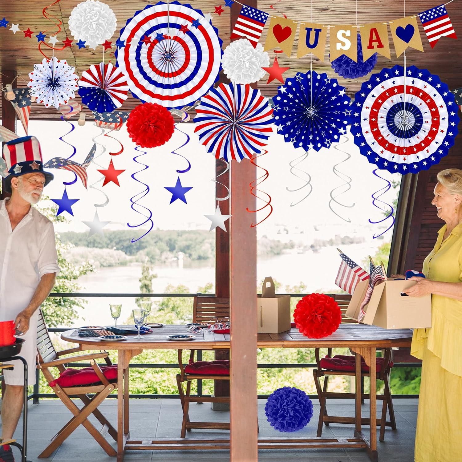 26 PCS 4Th of July Decorations, Red White Blue Paper Fans in Patriotic Designs, 4Th of July Banner Pompom Star Garland and Hanging Swirls Set for Fourth of July Independence Day Party Supplies Decor - Image 9