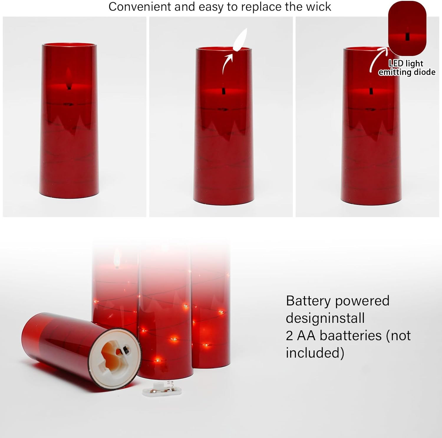 Flameless LED Candles with Timer 5 Pc Flickering Flameless Candles for Romantic Ambiance and Home Decoration Stable Acrylic Shell,With Embedded Star String,Battery Operated Candles(Red) - Image 2