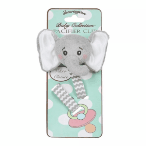 Bearington Baby Lil Spout Plush Gray Elephant Pacifier Holder with Satin Leash and Clip