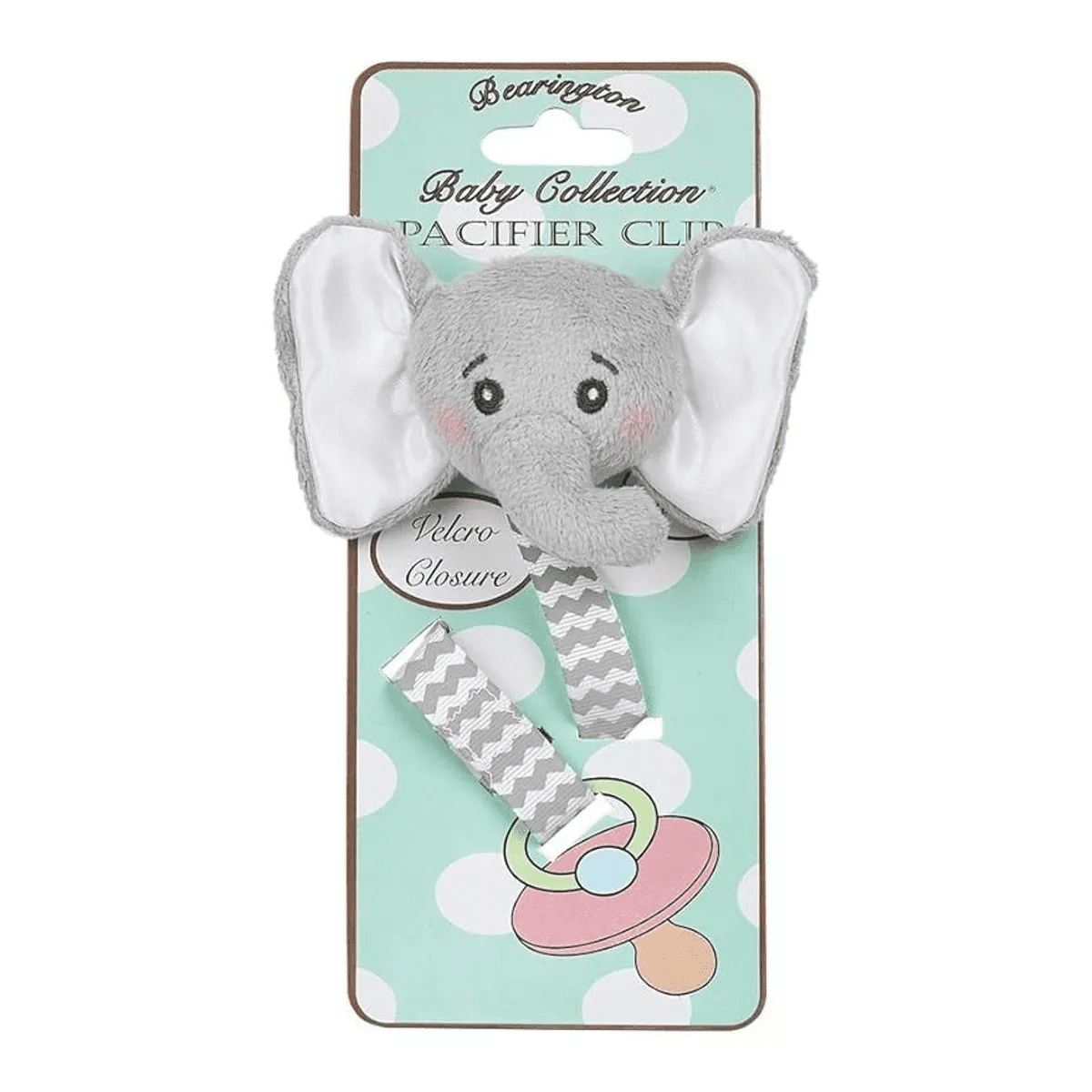 Bearington Baby Lil Spout Plush Gray Elephant Pacifier Holder with Satin Leash and Clip