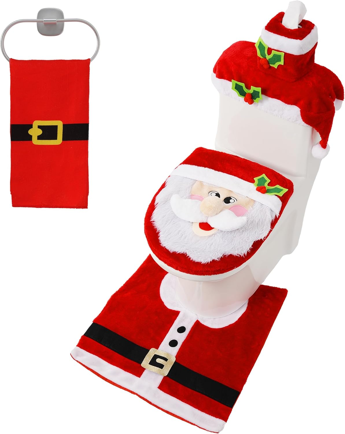 5 Pieces Christmas Theme Bathroom Decoration Set W/Toilet Seat Cover, Rugs, Tank Cover, Toilet Paper Box Cover and Santa Towel for Xmas Indoor Décor, Party Favors (Santa) - Image 8