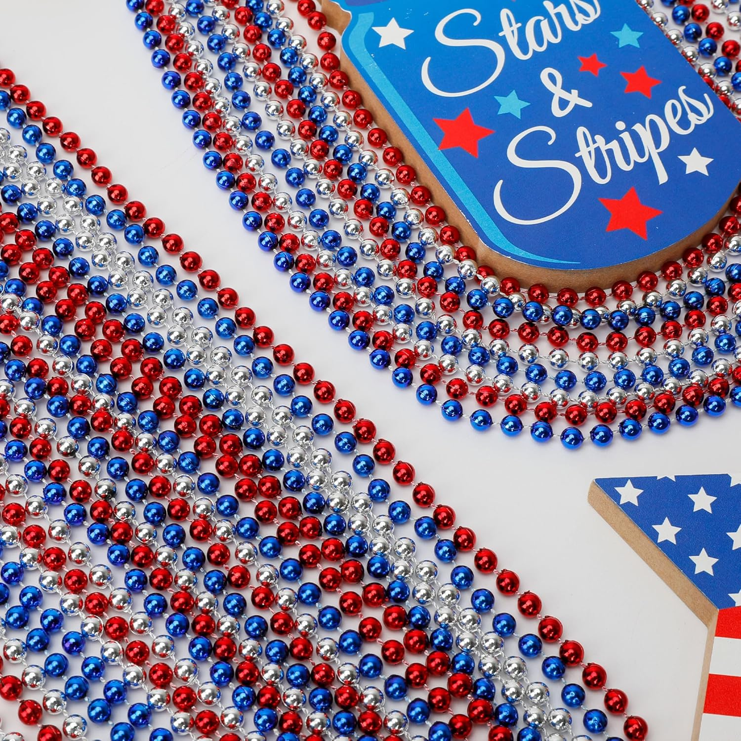 120 PCS 4Th of July Necklace, 33" Red Silver Blue Metallic Beaded Necklaces, Independence Day Party Accessories Patriotic Bead Necklace for Memorial Day Fourth of July Parades Party Supplies - Image 4
