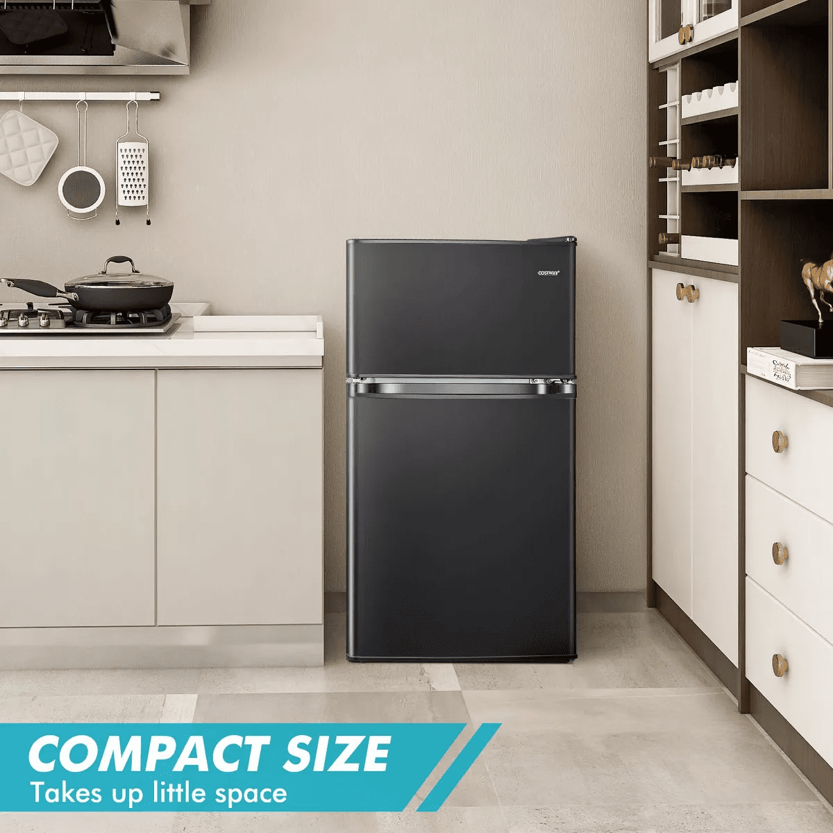 Costway Compact Refrigerator, 3.2 Cu.Ft. Fridge Freezer Compartment with Reversible 2 Door Black - Image 2