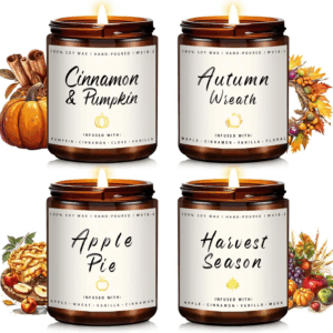 Fall Candle Set | 4 Pack Scented Candles for Home - Candle Gifts for Women Men, Soy Candles Home Scented | Autumn Fragrance of - Apple Pie/Cinnamon/Harvest/Wreath
