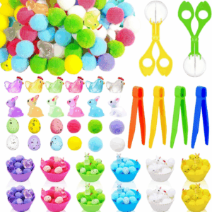 318 Pcs Spring Sensory Bin Filler Fine Motor Skills Easter Sensory Bin Items Counting Sorting Pom Poms Decorations Include Mini Rabbit Figurines for Easter Sorting Counting
