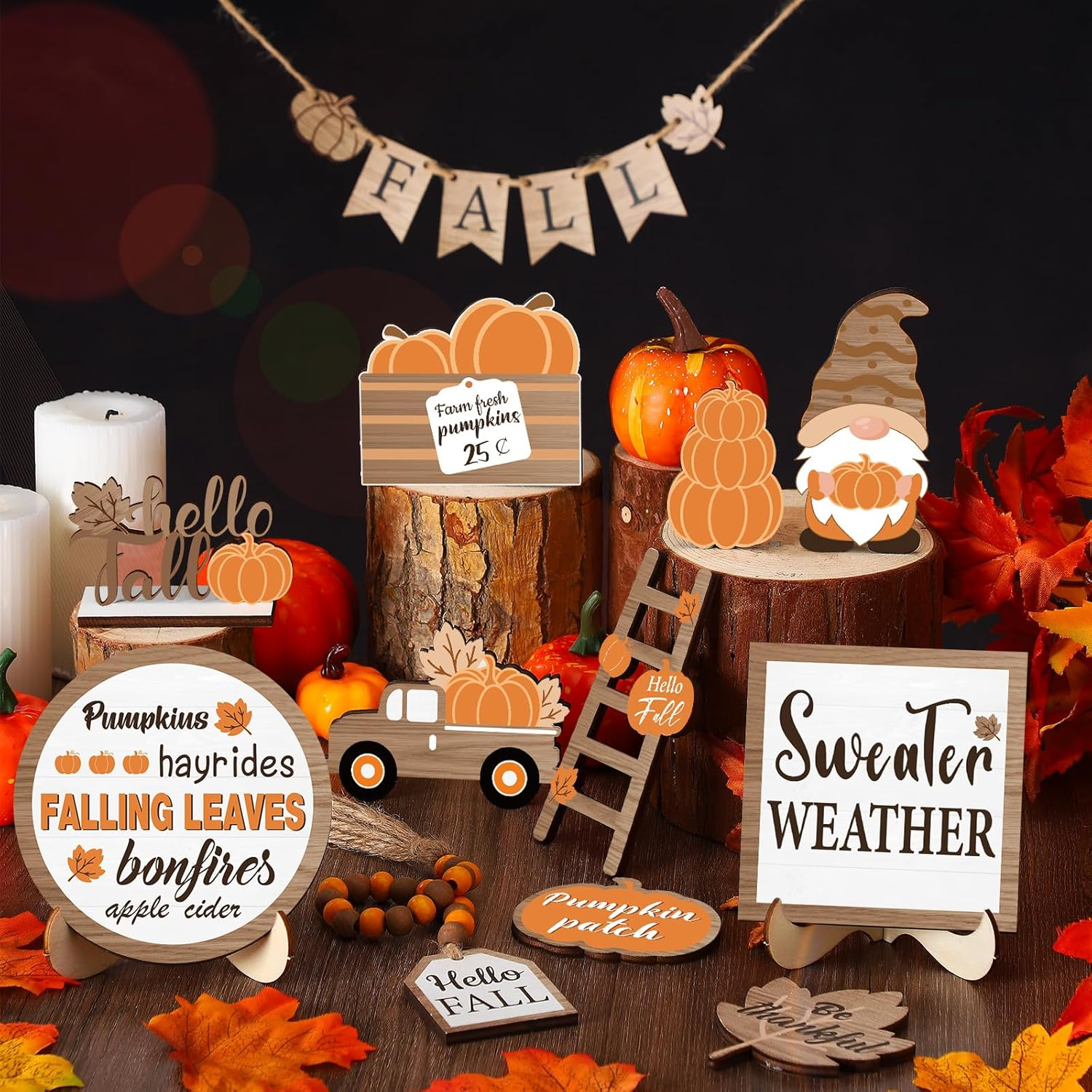 21 Pcs Fall Thanksgiving Tiered Tray Decor Set Pumpkin Gnome Truck Wood Sign Rustic Farmhouse Decor Hello Fall Wood Bead Decorative Tabletop Sign for Autumn Thanksgiving Day(Rustic) - Image 2