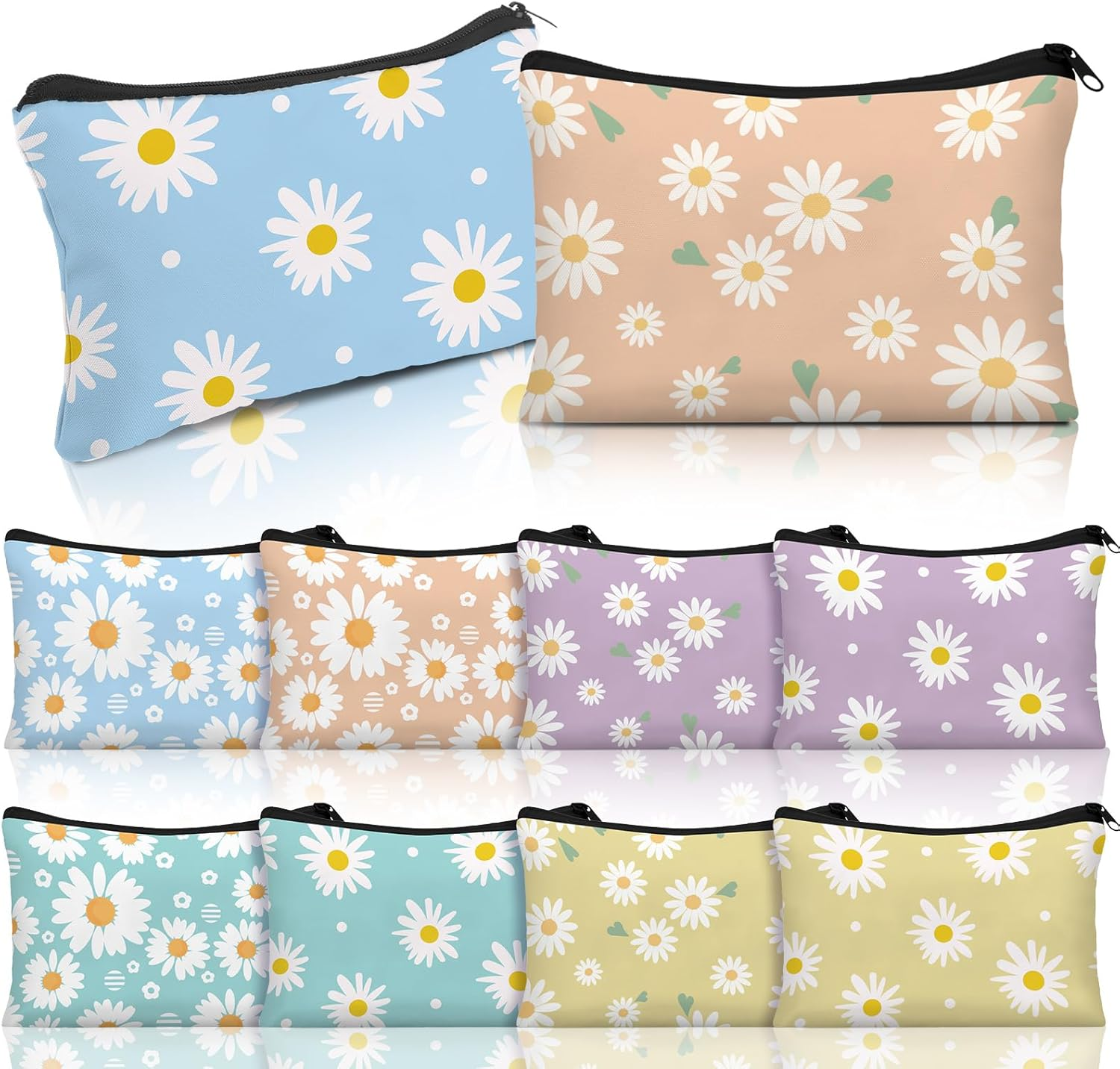 10 Pcs Makeup Bags Bulk for Women Daisy Small Zipper Pouch Purse Canvas Cosmetic Bag Mini Pouch Gift for Housekeeping Week Employee Thanksgiving Christmas Teacher Mom Travel Storage Organizer
