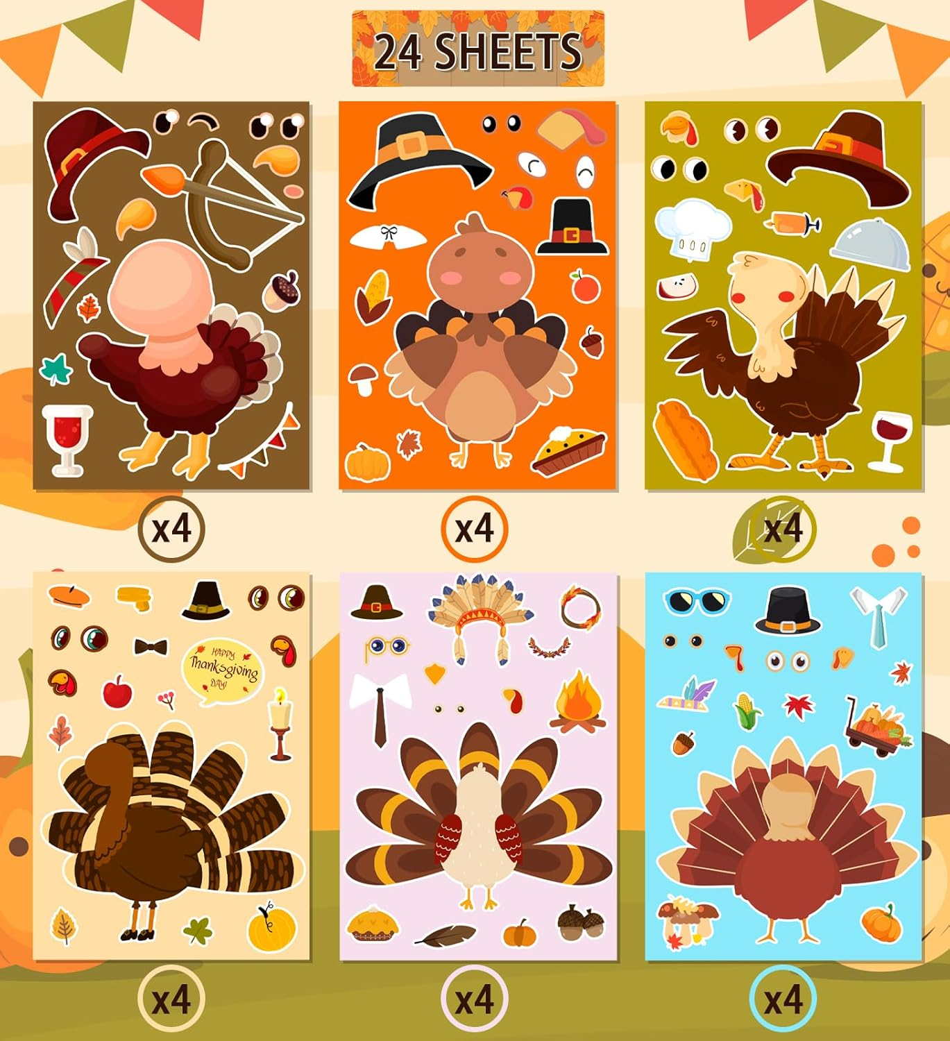 Thanksgiving Stickers for Kids, DIY Crafts Stickers for Kids, Make a Turkey Face Sticker, Thanksgiving Games Activities Decorations Party Supplies(24 Sheets) - Image 2