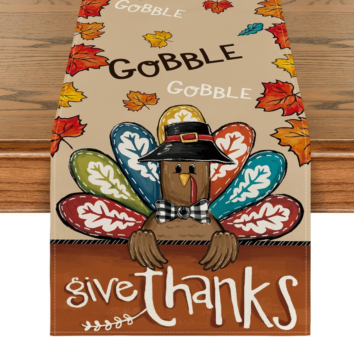 Turkey Give Thanks Thanksgiving Table Runner, Seasonal Fall Autumn Kitchen Dining Table Decoration for Home Party Decor 13X72 Inch