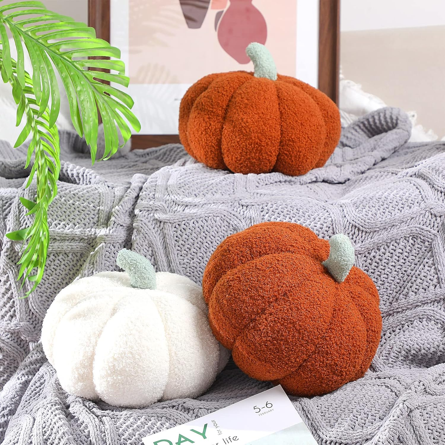 2 Pcs Simulated Pumpkin Pillow Plush 11 X 9.5 Inch 3D Cushion Fall Decorations Stuffed Throw Pillows Toy for Thanksgiving Christmas Halloween Bedroom Sofa Couch Supplies (White,Brown) - Image 3