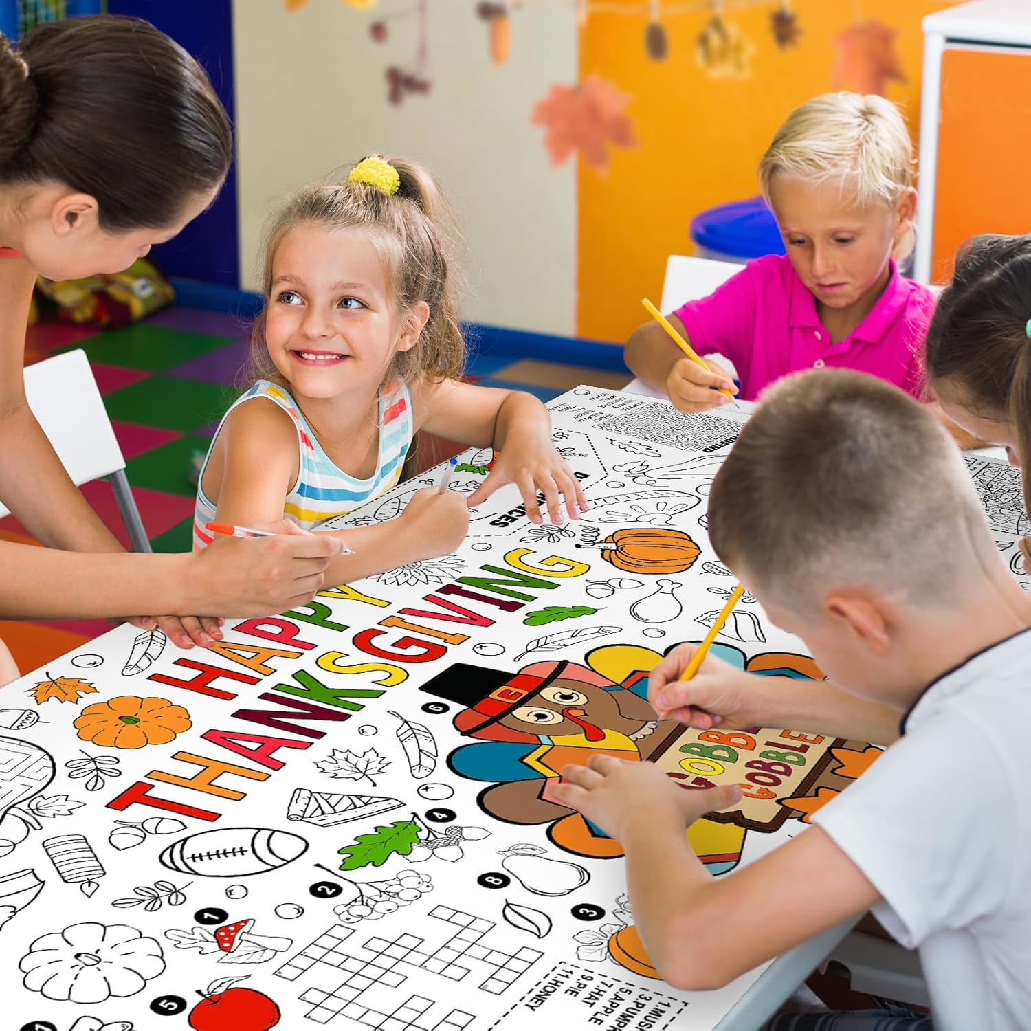 Family Fun Thanksgiving Activity Poster - 31.5 X 72 Inches, Turkey-Themed Thanksgiving Day Party, Versatile Paper Coloring Banner/Table Cover for Fall School Parties and Special Events Decoration - Image 4
