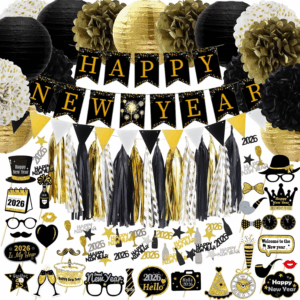 2026 New Years Eve Party Decorations Set, 62 Pieces, Black and Gold Banner, Triangle Flags, Paper Lanterns, Tassels, Photo Props