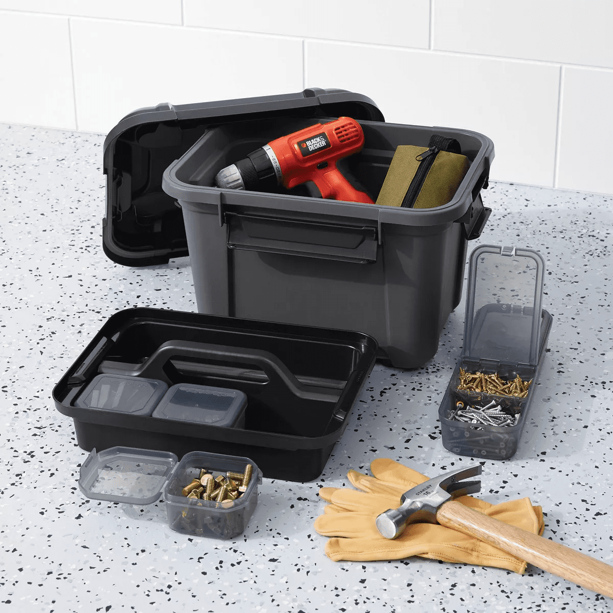 Tool and Hardware Latching Storage Box with Handle - Brightroomâ„¢: Gray Multi-Compartment Tote, 18L Capacity - Image 2