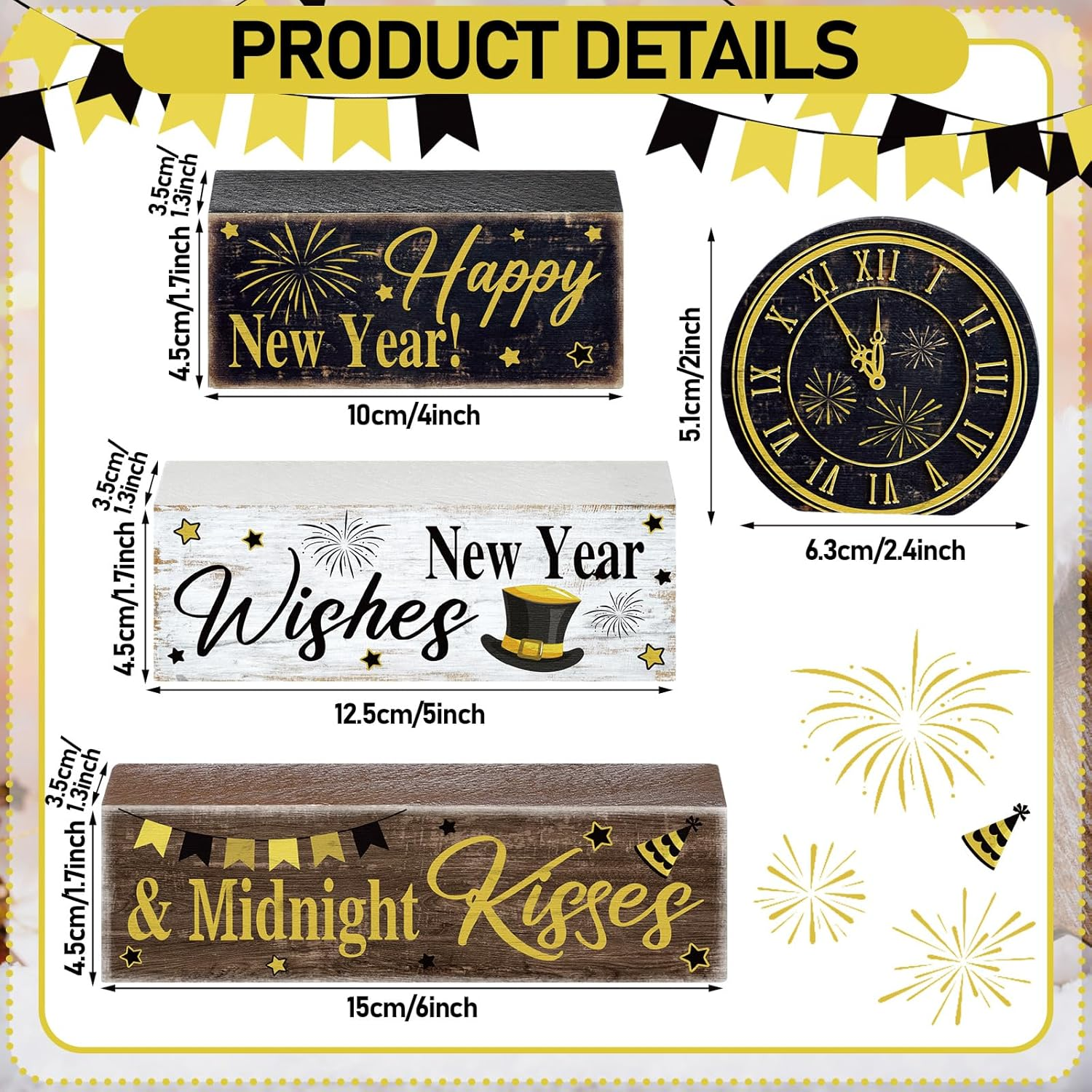 4 Pcs New Year Decoration Eve Party Supplies 2026 Gold Black Tiered Tray Decor Happy New Year Centerpiece Rustic Decorative Clock Block Signs Gift Christmas Decor for Home Eve Party Decoration - Image 2