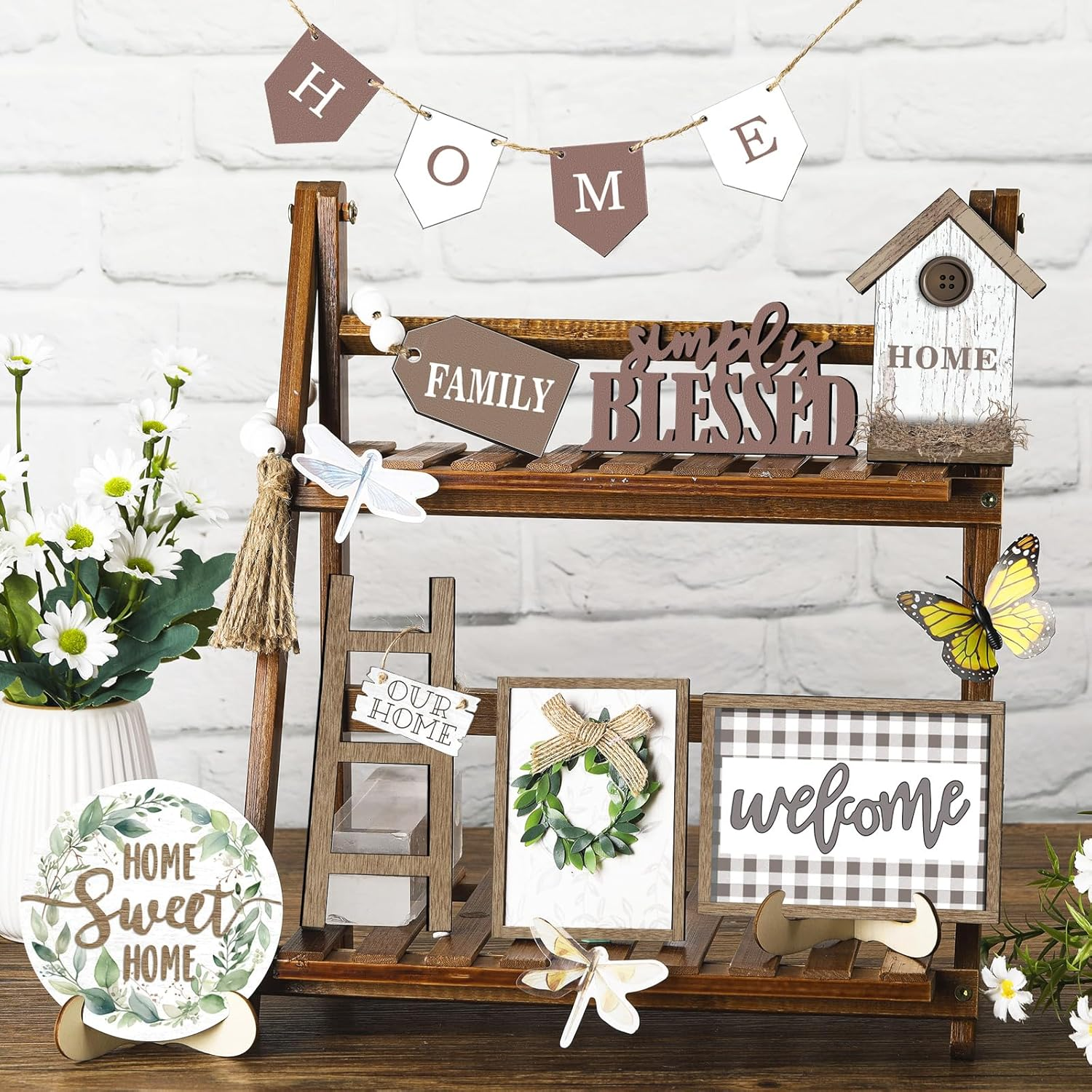 Set of 11 Summer Farmhouse Tiered Tray Decor Rustic Home Tiered Tray Decorations Set Wooden Signs Home This Is Us Farmhouse Tabletop Wood Signs for Kitchen Table Shelf Decor - Image 2