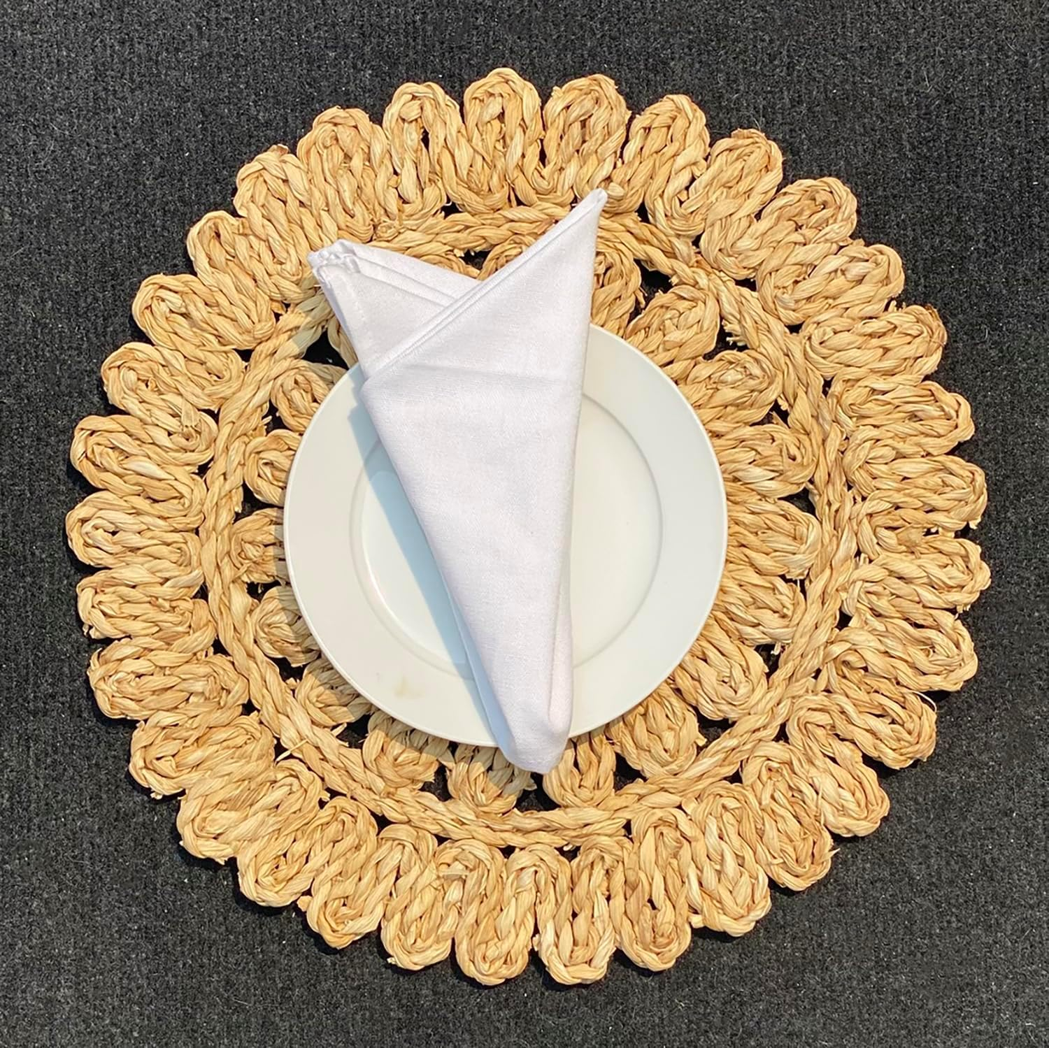 13.8" round Corn Husk Placemats | Boho Woven Rattan Table Mats | Natural Spring Farmhouse Plate Chargers | Handmade Rustic Wicker Place Mats for Christmas Wedding (Set of 4) - Image 9