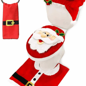 5 Pieces Christmas Theme Bathroom Decoration Set W/Toilet Seat Cover, Rugs, Tank Cover, Toilet Paper Box Cover and Santa Towel for Xmas Indoor Décor, Party Favors (Santa)