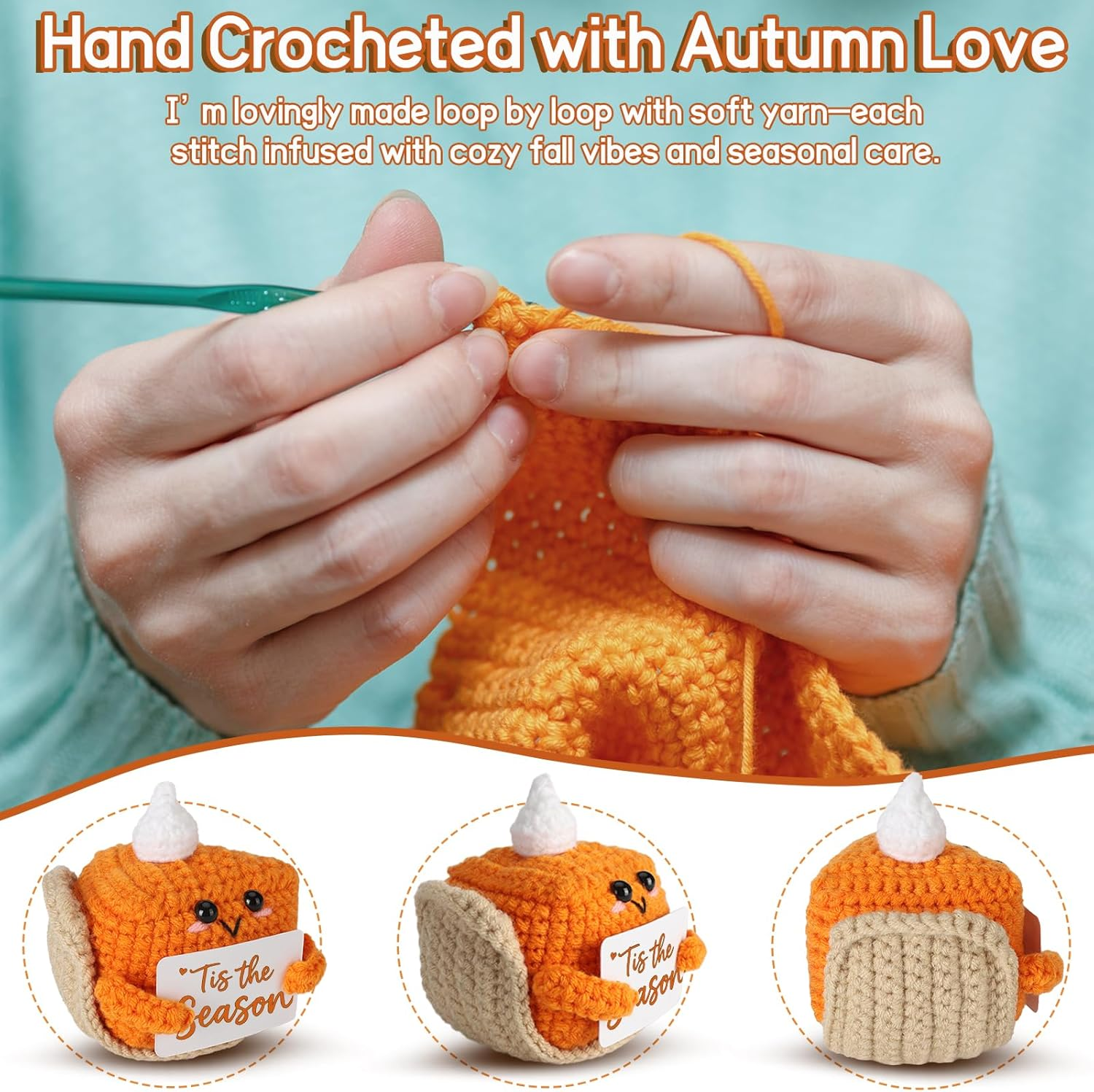 Tis the Season Fall Decor | Mini Crochet Pumpkin Pie Plush | Small Handmade Autumn Halloween Thanksgiving Items for Home Office Indoor Table Decoration Christmas Stocking Stuffer Ornament - Image 3