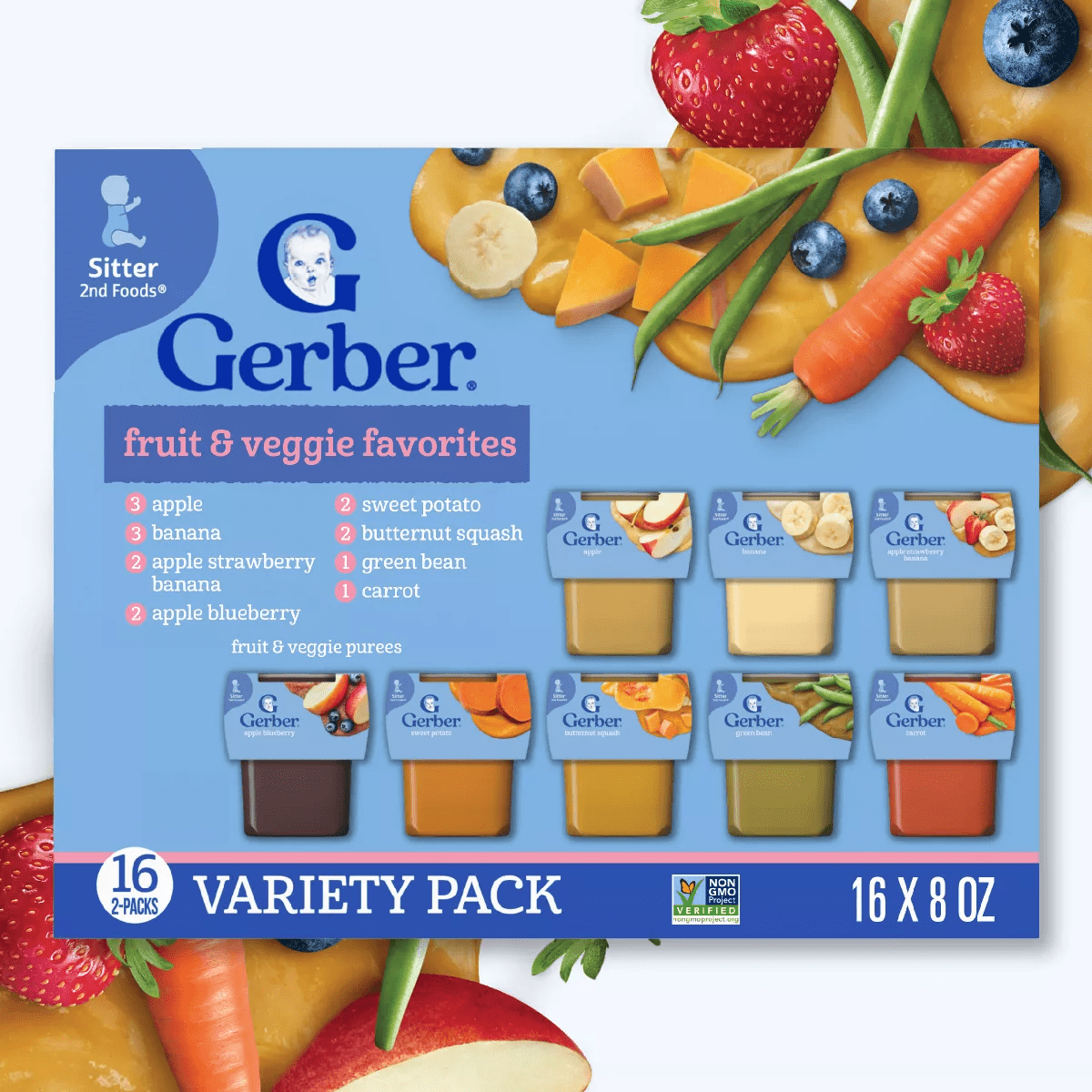 Gerber Baby Food Stage 2 Fruit & Veggie Puree Tubs 16 Variety Pack - 128Oz - Image 2
