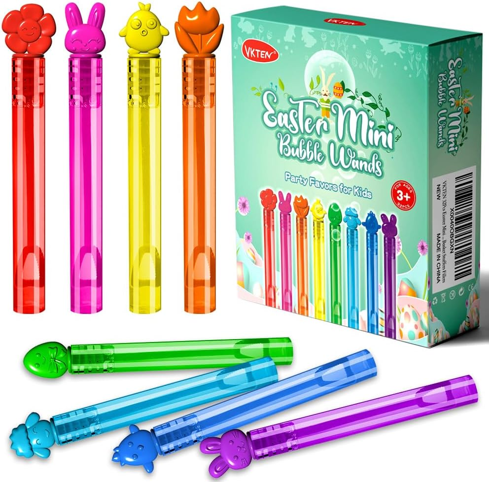 32Pcs Easter-Themed Mini Bubble Wands Assortment 8 Colors 8 Styles Bubble Party Favors for Kids,Easter Basket Stuffers Essentials
