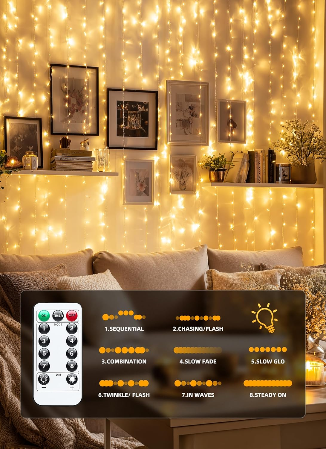 300 LED Fairy Curtain Lights, 9.8Ft X 9.8Ft Warm White Curtain String Lights, USB Plug in 8 Lighting Modes Christmas Decoration, Hanging Lights with Remote for Bedroom Indoor Weddings Dorm - Image 5