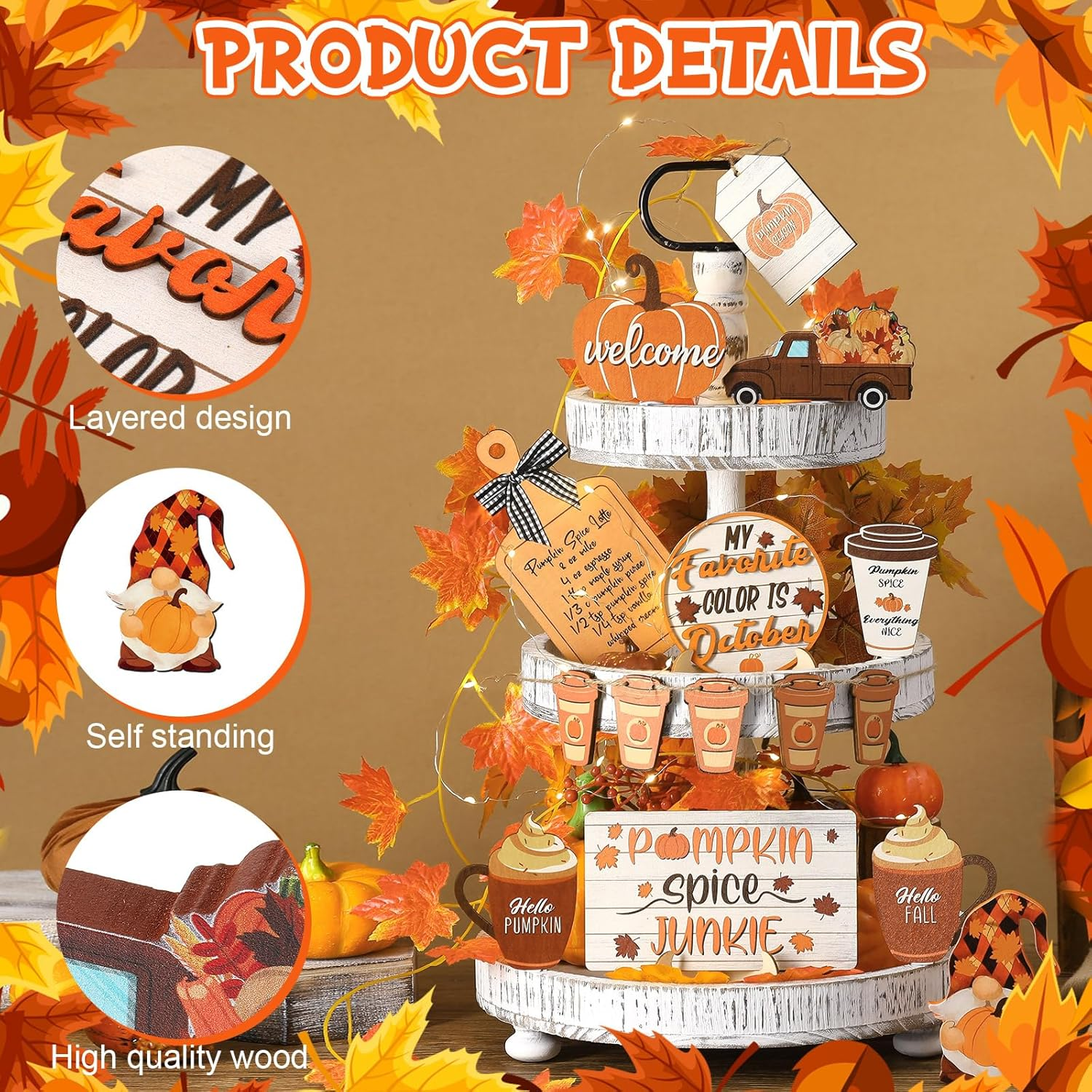 15 Pcs Thanksgiving Tiered Tray Decor Set Fall Thanksgiving Pumpkin Table Decor Drinking Coffee Rustic Farmhouse Pumpkin Truck Spice Blocks Autumn Wooden Sign Home Decorations - Image 3
