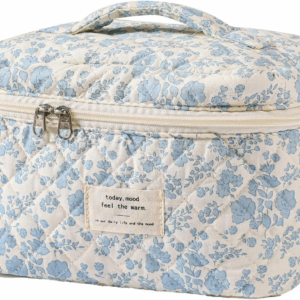 Large Travel Quilted Makeup Bag for Women, Floral Cotton Cosmetic Bag, Coquette Aesthetic Floral Toiletry Organizer Bag