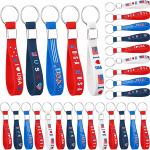 100 Pcs Patriotic Party Favors Bulk Red White and Blue Rubber Keychains USA American Flag Silicone Keychains for Memorial Day Party Accessories Gifts