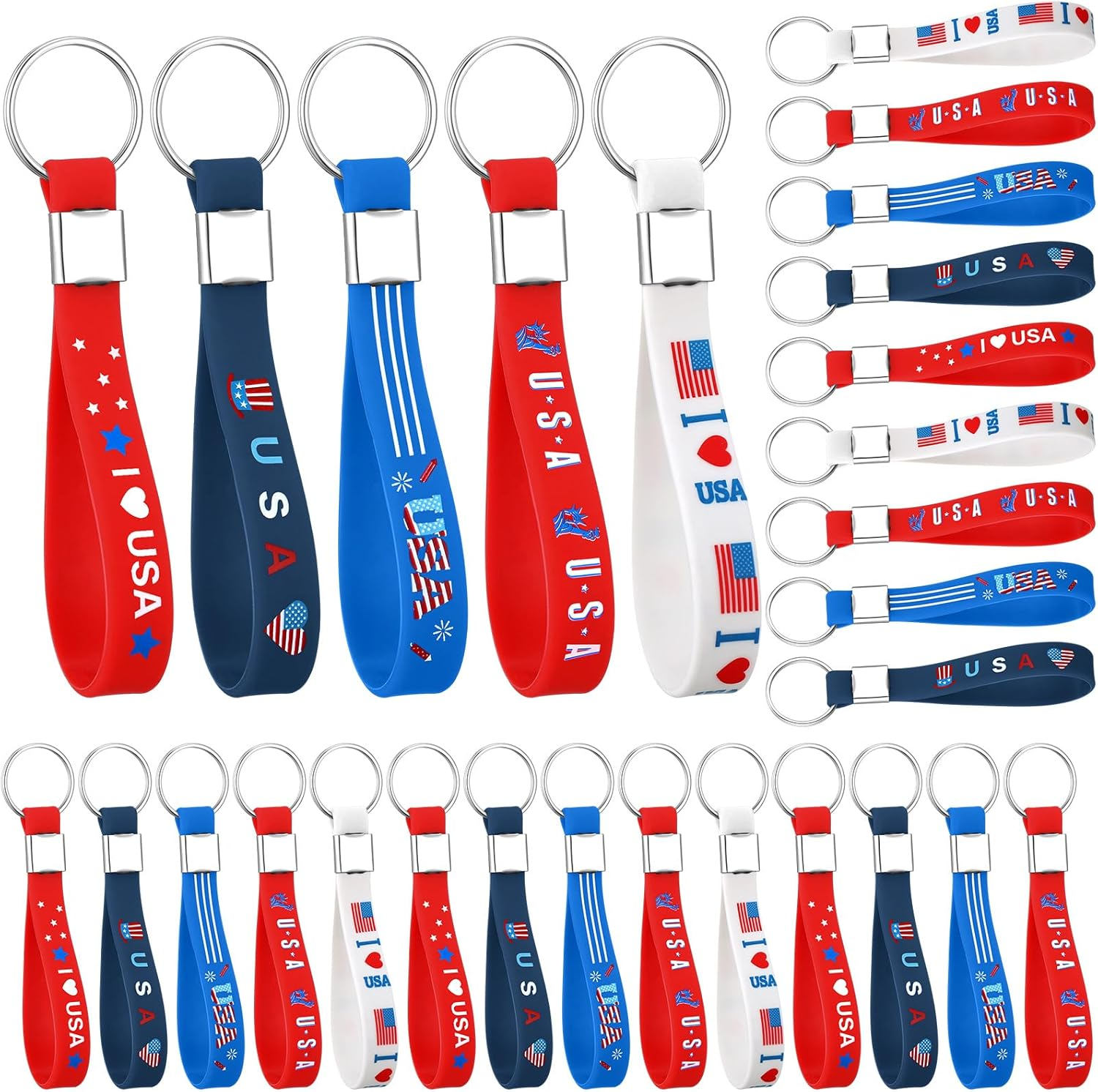 100 Pcs Patriotic Party Favors Bulk Red White and Blue Rubber Keychains USA American Flag Silicone Keychains for Memorial Day Party Accessories Gifts