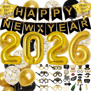 2026 Happy New Years Decorations Set New Years Eve Party Supplies 2026, Gold Numbers 2026 Balloons, New Year Photo Props and Happy New Year Glasses
