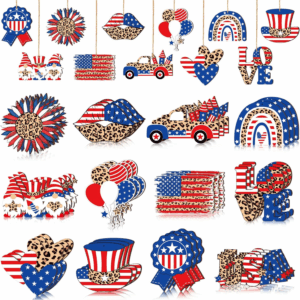 36 Pcs Patriotic Hanging Ornaments for Tree 4Th of July Wood Decor Labor Day Independence Wooden Ornaments with Ropes Star USA Flag Gnome Red White and Blue Decorations Memorial Day(Leopard)