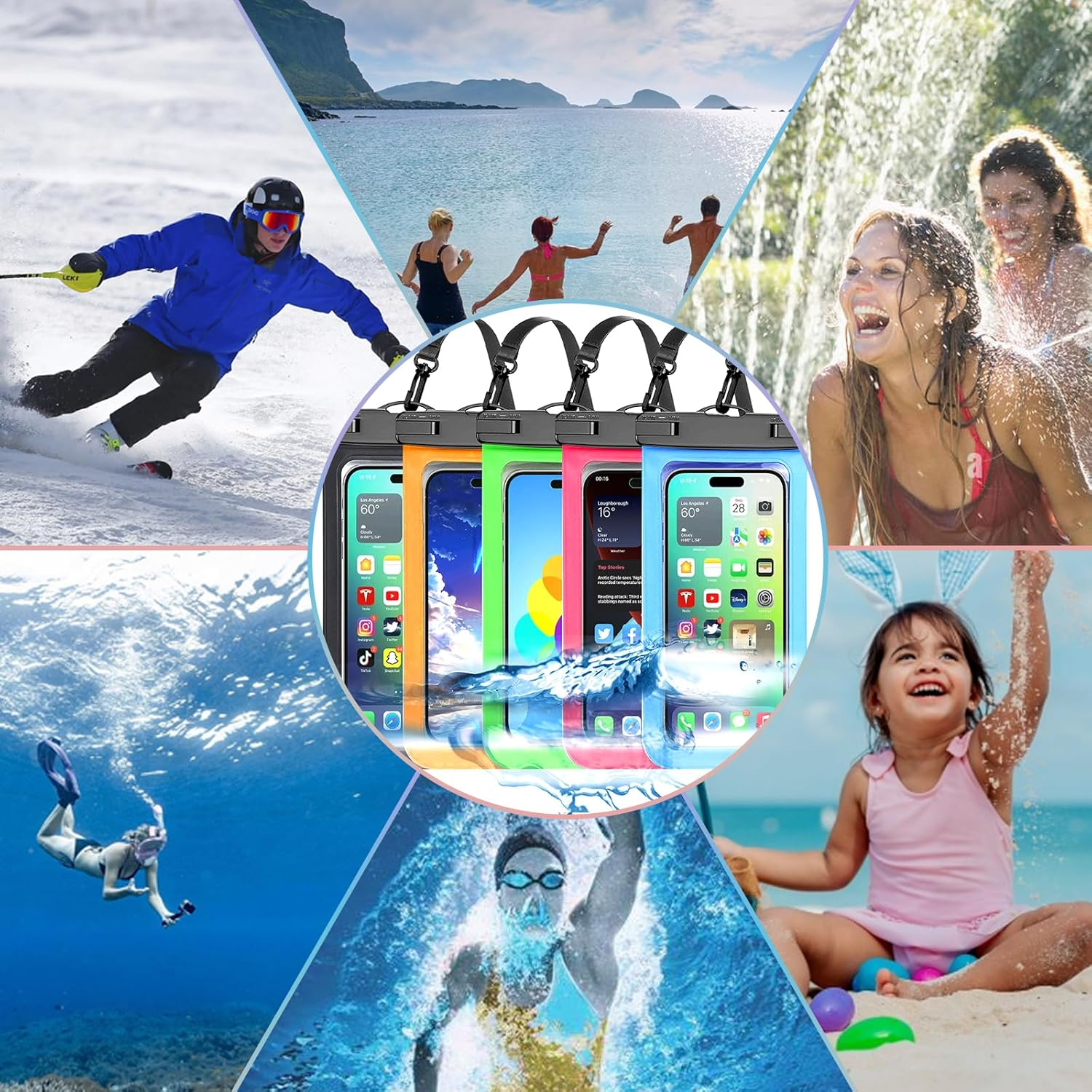 Up to 8.3" 5 Pack Multicolor Universal Waterproof Phone Pouch, Phone Waterproof Case Dry Bag,Protection Level: Ip68,Outdoor Sports for Apple Iphone,Samsung,And More,Black,Blue,Pink,Orange,Green - Image 2