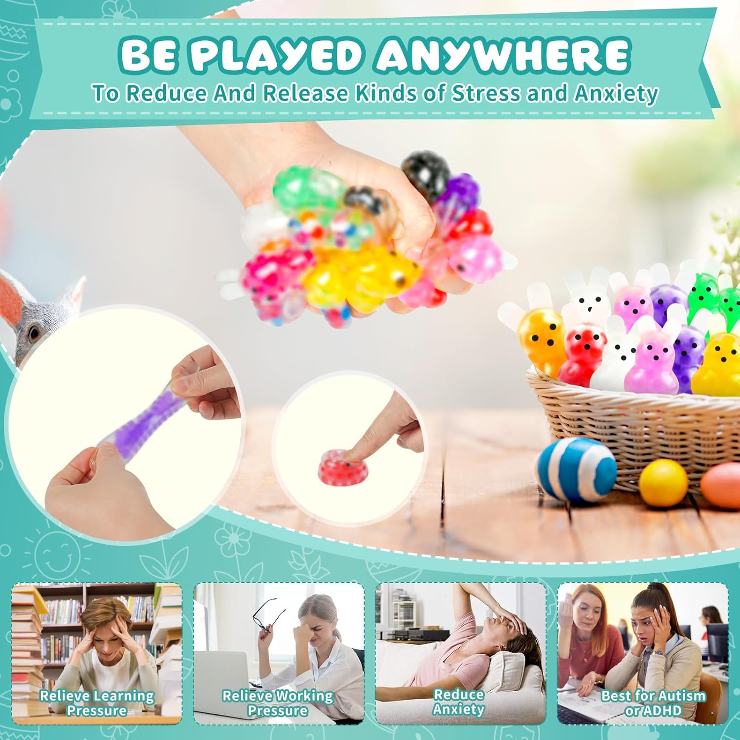 28Packs Easter Bunny Stress Balls,Easter Basket Stuffers,Easter Squishy Squeeze Balls Bulk Fidget Toys for Adults,Stress Relief Balls,Easter Gifts Party Favors (Colorful-28) - Image 6