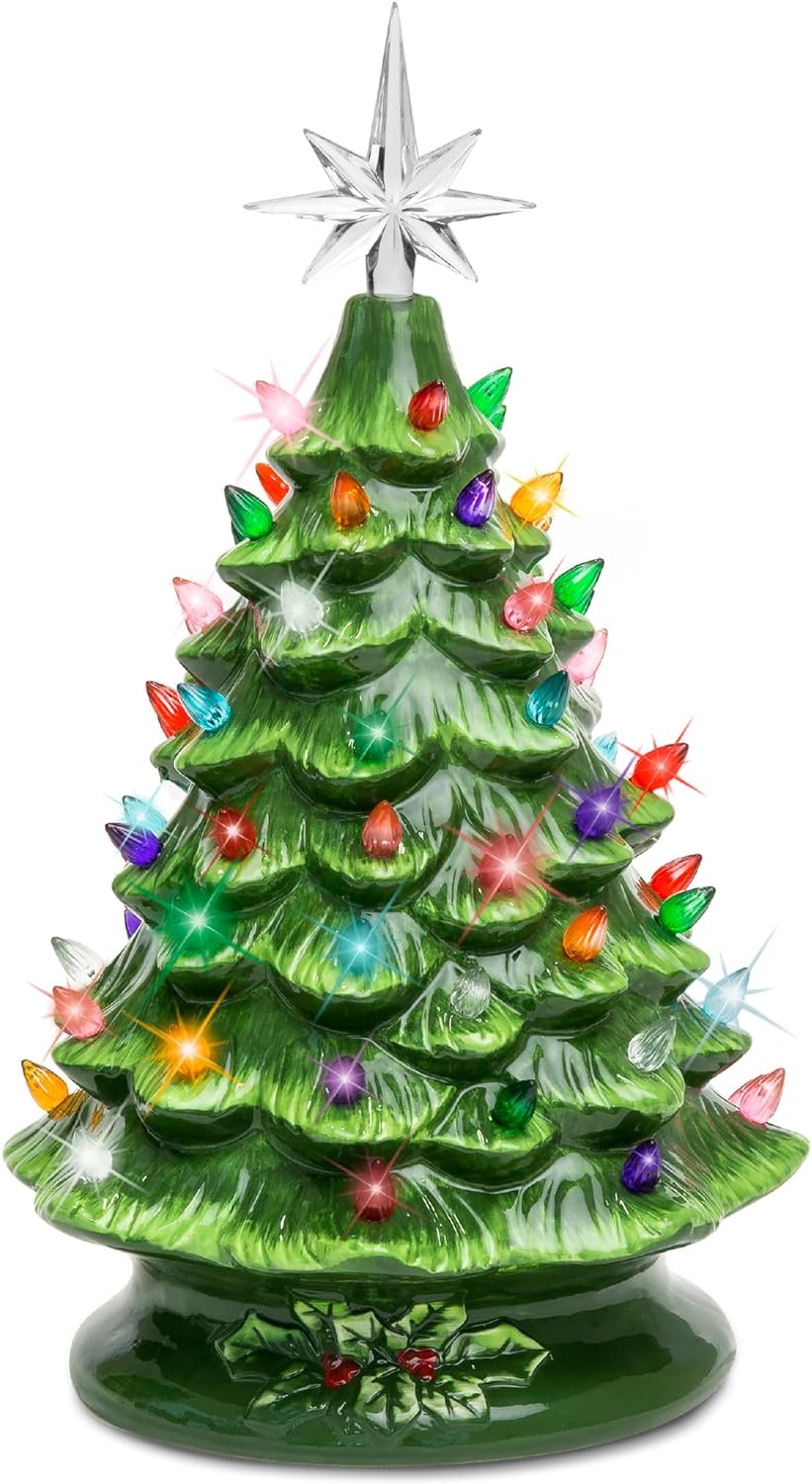 15In Ceramic Christmas Tree, Pre-Lit Hand-Painted Tabletop Holiday Tree, Star Topper, 64 Lights - Green W/Multicolored Bulbs