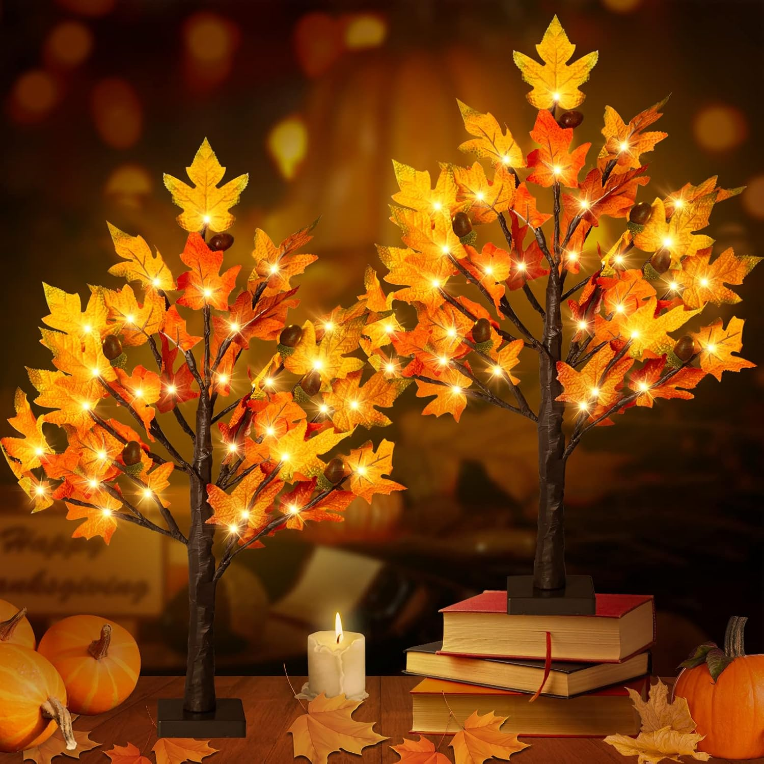2Pack Fall Lighted Maple Tree - 2FT 36 LED Thanksgiving Decor Artificial Fall Lights, Battery Operated Tabletop Lamp with 6 Acorns, 6-Hours Timer, for Wedding Party Indoor Outdoor Autumn Decor…
